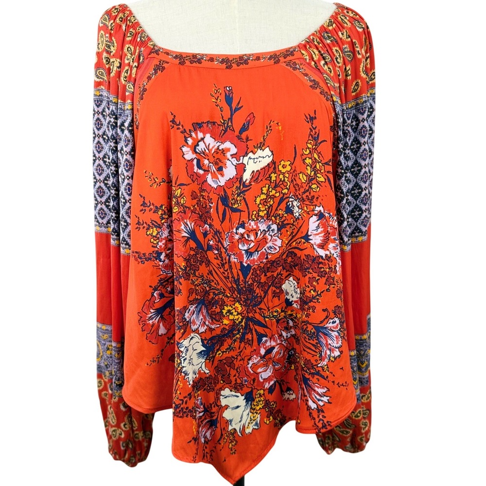 EUC Free People Positano Blouse S Floral Paisley Balloon Sleeve Boho Festival